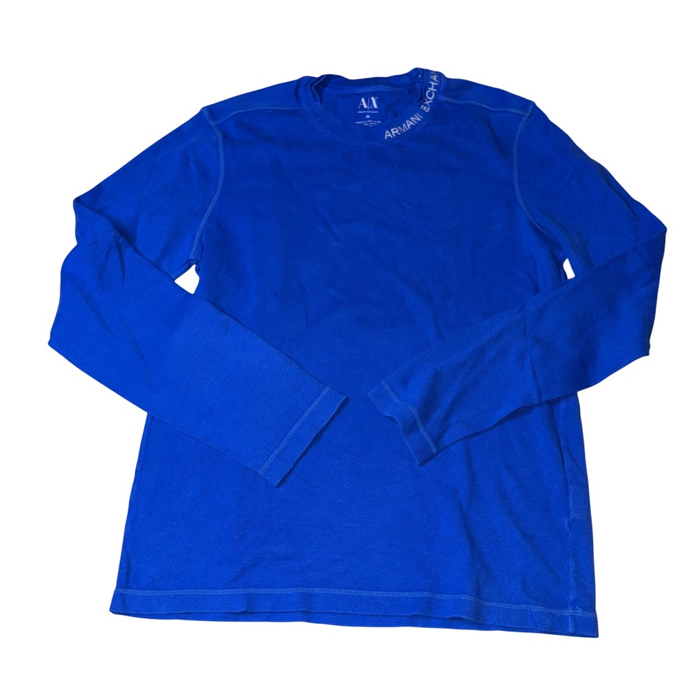 Armani Exchange Long Sleeve Shirt Medium Blue Waffle Knit Logo Neck Thermal